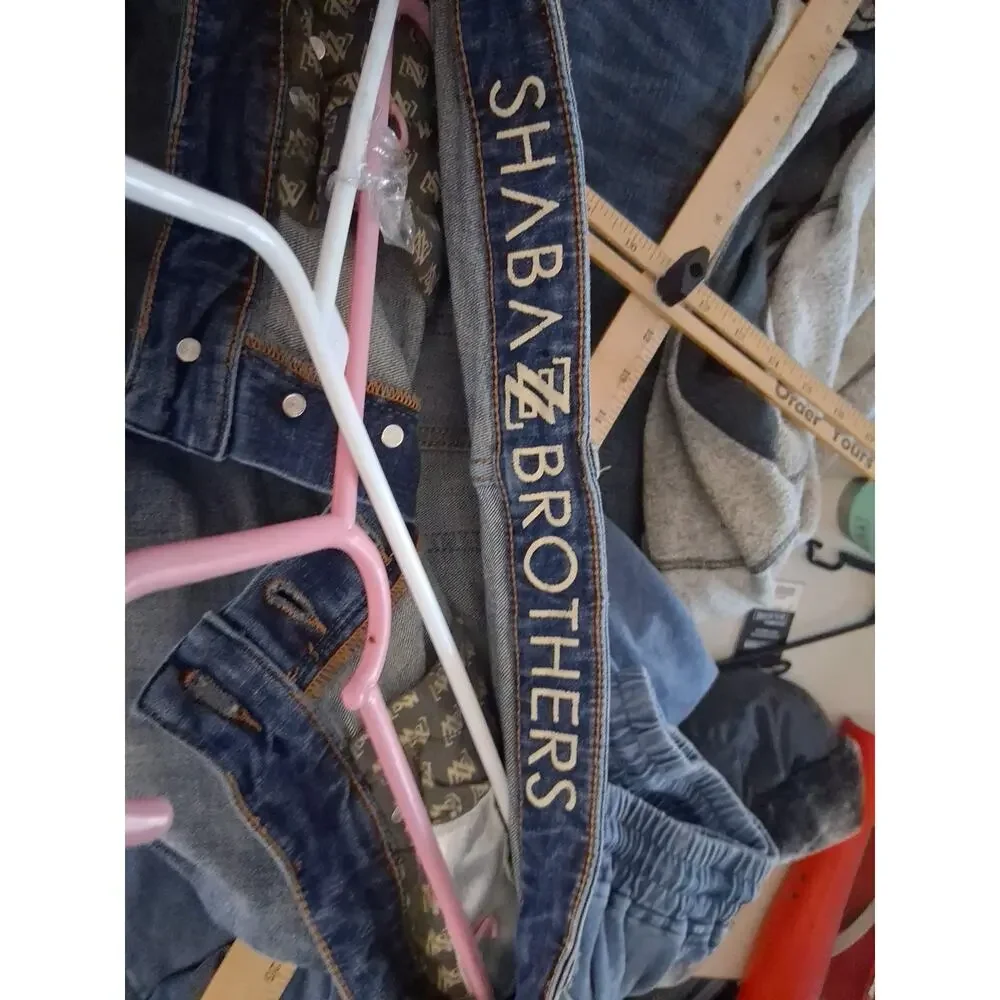 Shabaz Brothers Mens Skinny Jeans 34 Distressed Ripped Paint Splatter Blue Denim